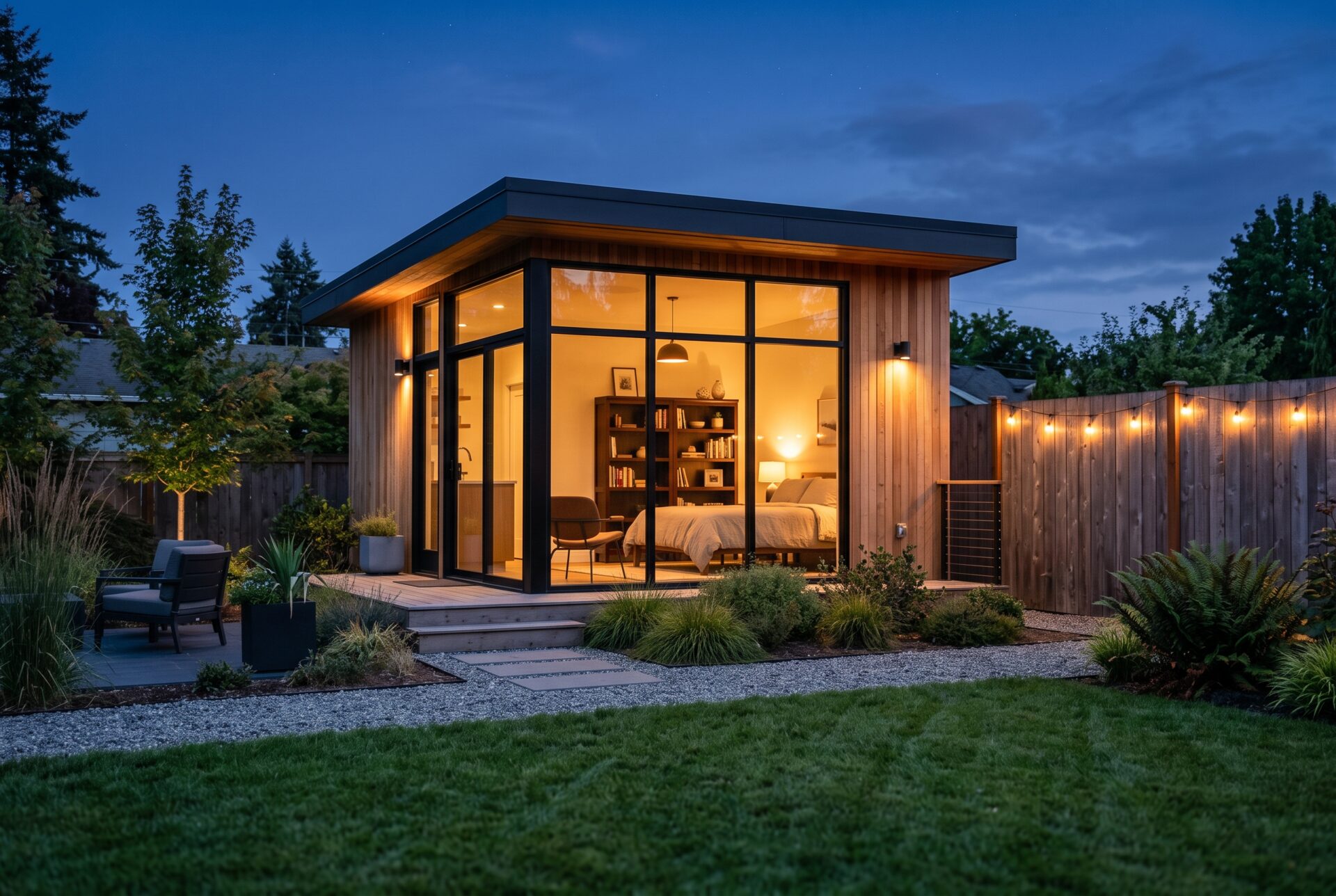 A small modern backyard ADU with warm interior light, cedar siding, and black steel frames