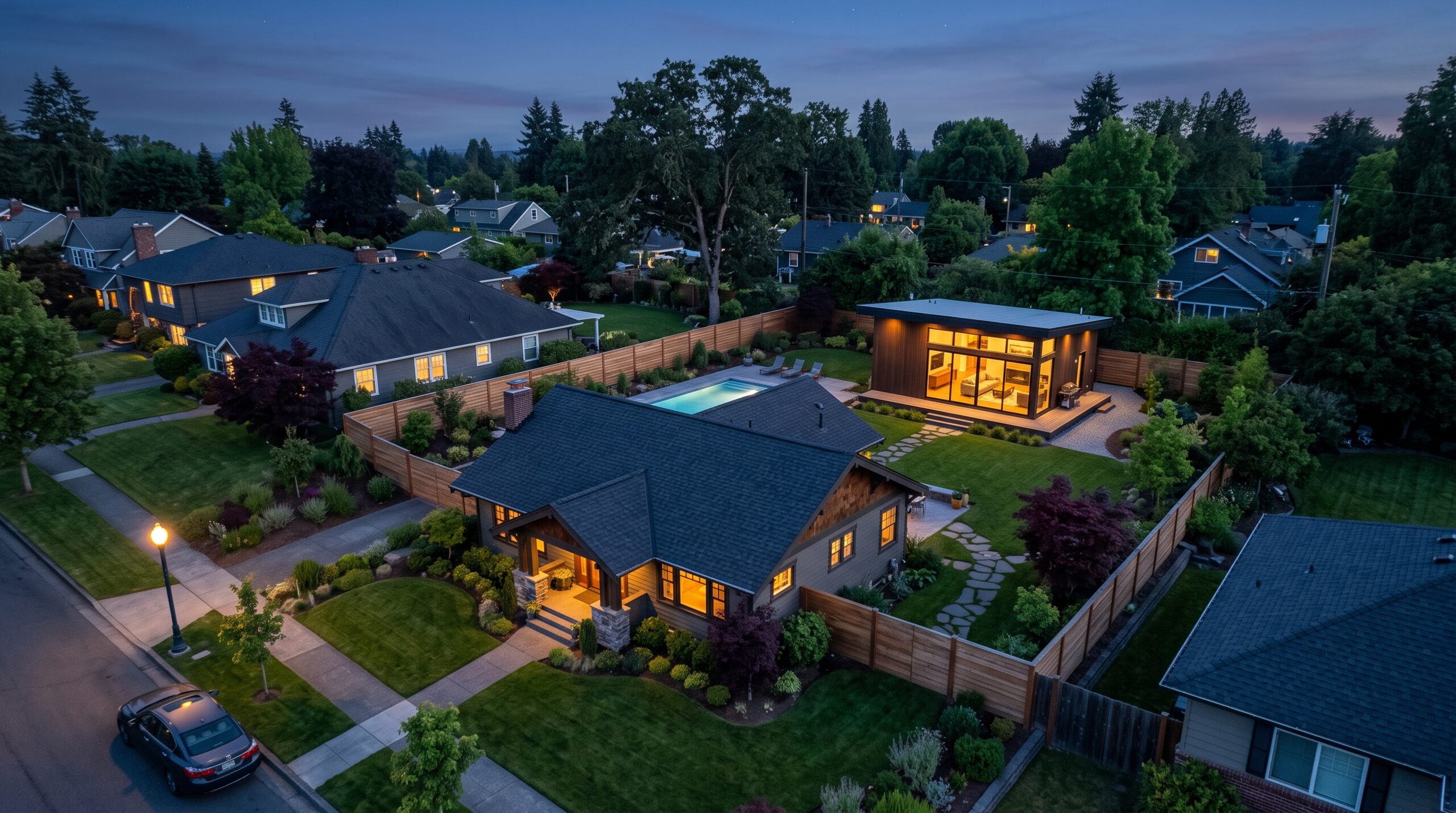 Aerial view of a suburban lot at dusk: the main house in front, a small ADU with warm lit windows in the backyard